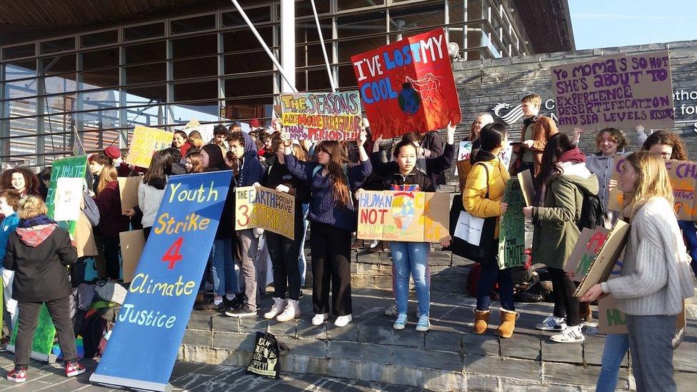 Schoolchildren holding up anti-climate change placards