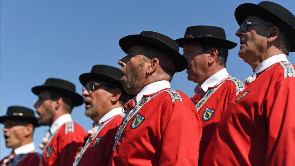 A men's yodel group pictured in Payerne, western Switzerland.