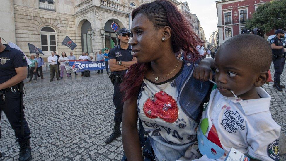 Anti-racism demonstrator in Lisbon, Portugal, on 13 July 2018