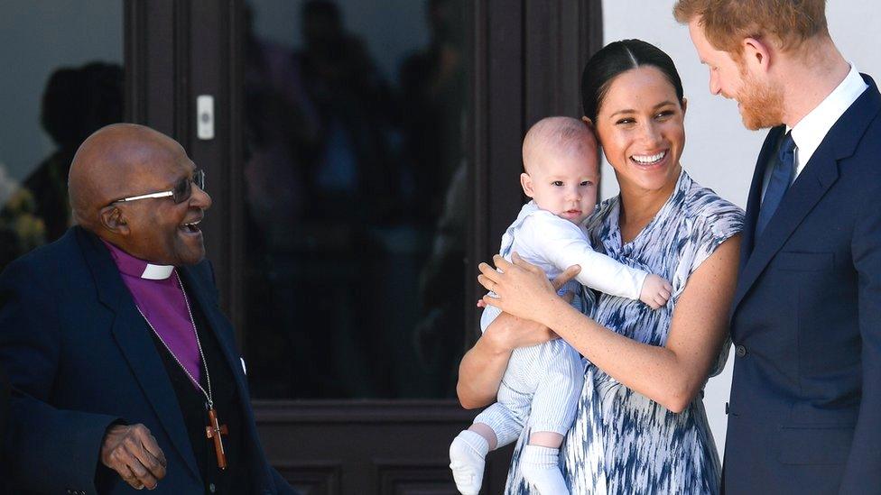 Prince Harry, Duke of Sussex, Meghan, Duchess of Sussex and their baby son Archie Mountbatten-Windsor meet Archbishop Desmond Tutu at the Desmond and Leah Tutu Legacy Foundation