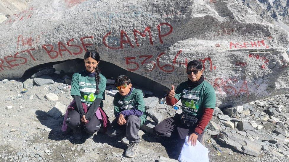 Dad and the two children at base camp