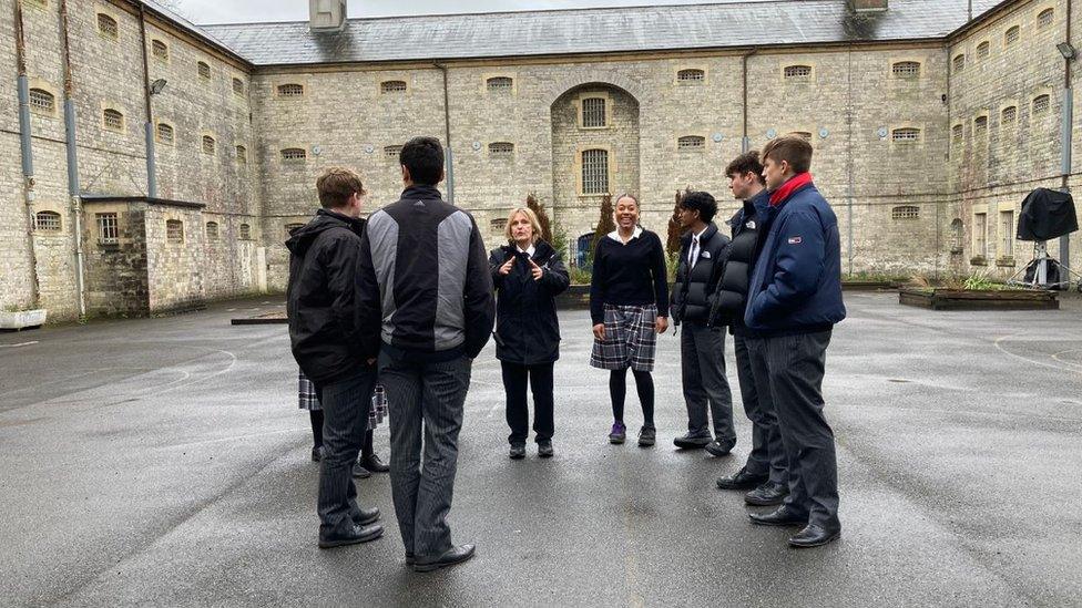 Pupils taking part in session outside Shepton Mallet prison.