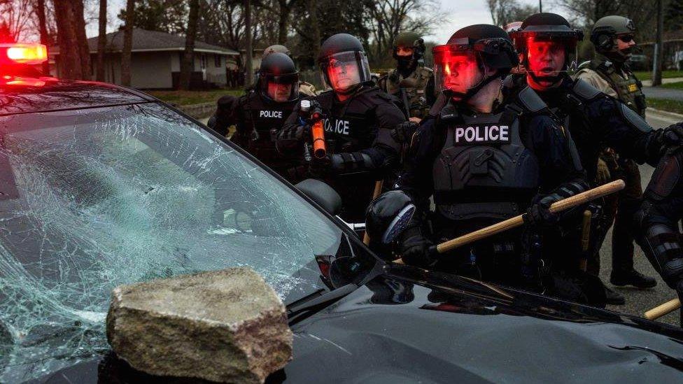 Damaged police cruiser in Brooklyn Center