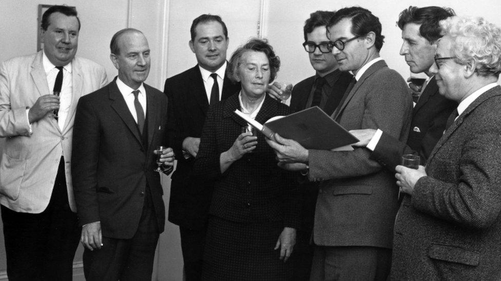 Sir Malcolm Arnold (far left) pictured when he was one of six composers chosen to commemorate the opening of the Severn Bridge with a piece of music