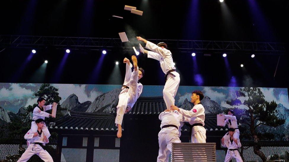 South Korean youth perform taekwondo stunts during a cultural exchange performance between Kenya and South Korea which was attended by South Korean President Park Geun-hye (not pictured), at the Kenyatta International Convention Centre (KICC), in Nairobi, Kenya