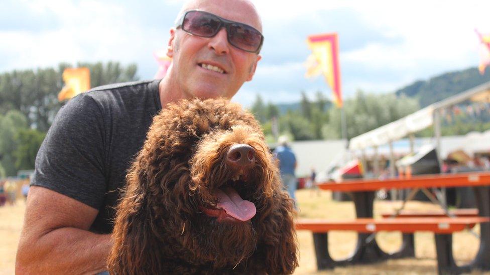 Mae Banjo'r labradoodle wedi dod i'r Maes gyda'i berchennog Kerry Jones i lon-gyfarth y buddugwyr // Every dog has his day and Banjo the labradoodle is lapping up his walk around the Maes with owner Kerry Jones