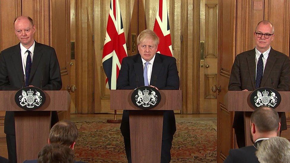 Boris Johnson with the UK government's chief medical adviser, Prof Chris Whitty, and the chief scientific adviser, Sir Patrick Vallance