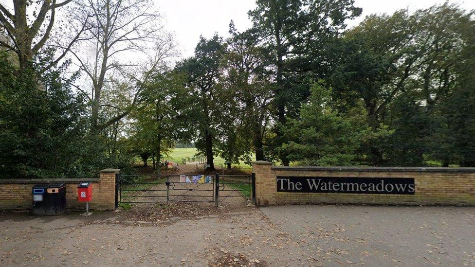 Gate and pathway between trees leading to open green space