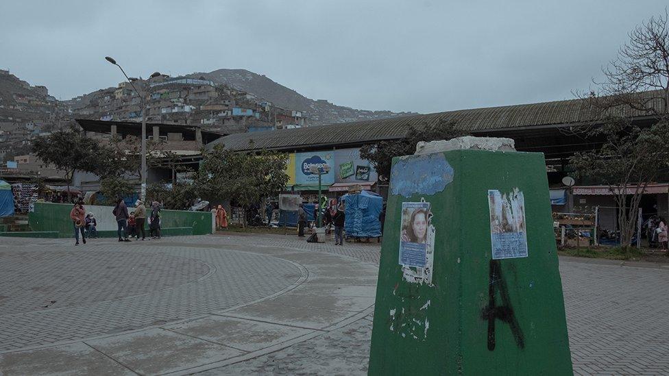 A "Missing" poster of Alison Fernandez (30), who on the morning of August 13th went out to the local market and did not return home. In the background, the market of Villa Maria del Triunfo neighbourhood, where she was last seen.