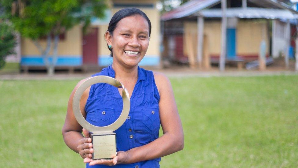 Liz Chicaje Churay poses with the Goldman Prize