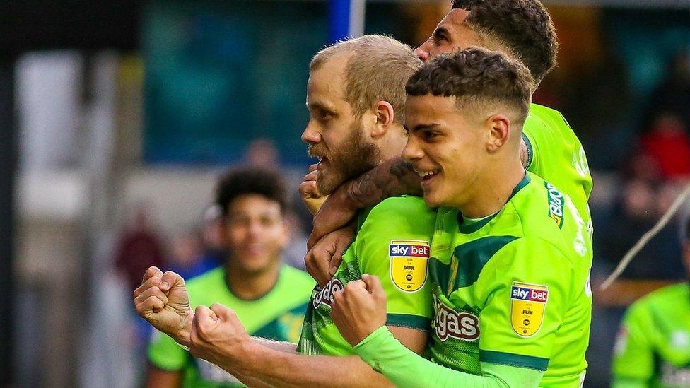 Teemu Pukki (left) celebrates his goal for Norwich City