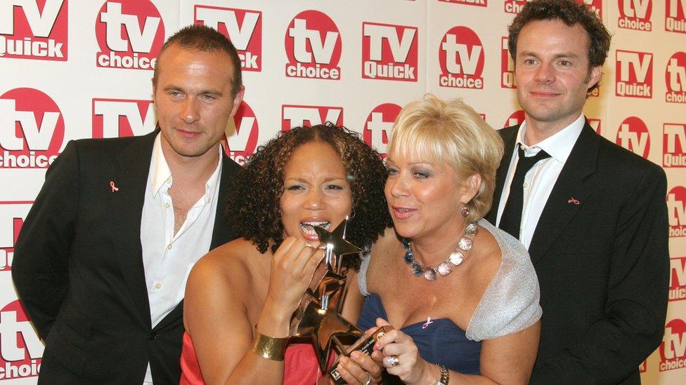 Griffin and Denise Welch celebrate winning best new drama at the TV Quick and TV Choice Awards in 2006 with co-stars Jason Merrells (left) and Jamie Glover