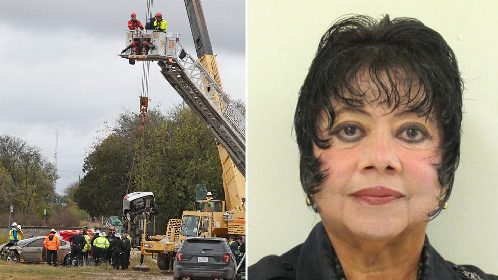 A composite image showing a car being retrieved from the sinkhole, left, and a provided photo of Deputy Nishihara, right