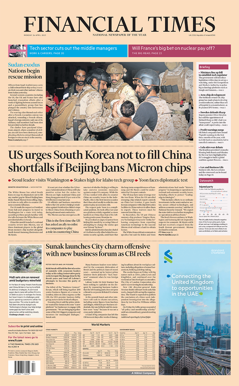 The headline in the Financial Times reads 'US urges South Korea not to fill China shortfalls if Beijing bans Micron chips'