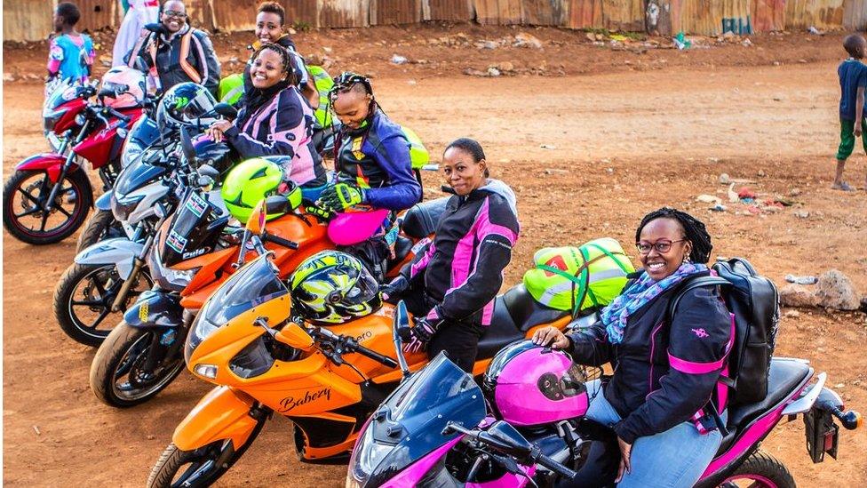 Bikers from the female Kenyan biker gang Inked Sisterhood