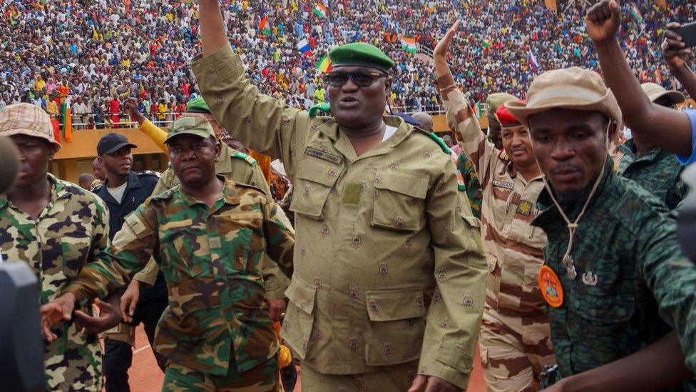 Mohamed Toumba, one of the leading figures of the National Council for the Protection of the Fatherland, attends the demonstration of coup supporters and greets them at a stadium in the capital city of Niger, Niamey on August 6, 2023