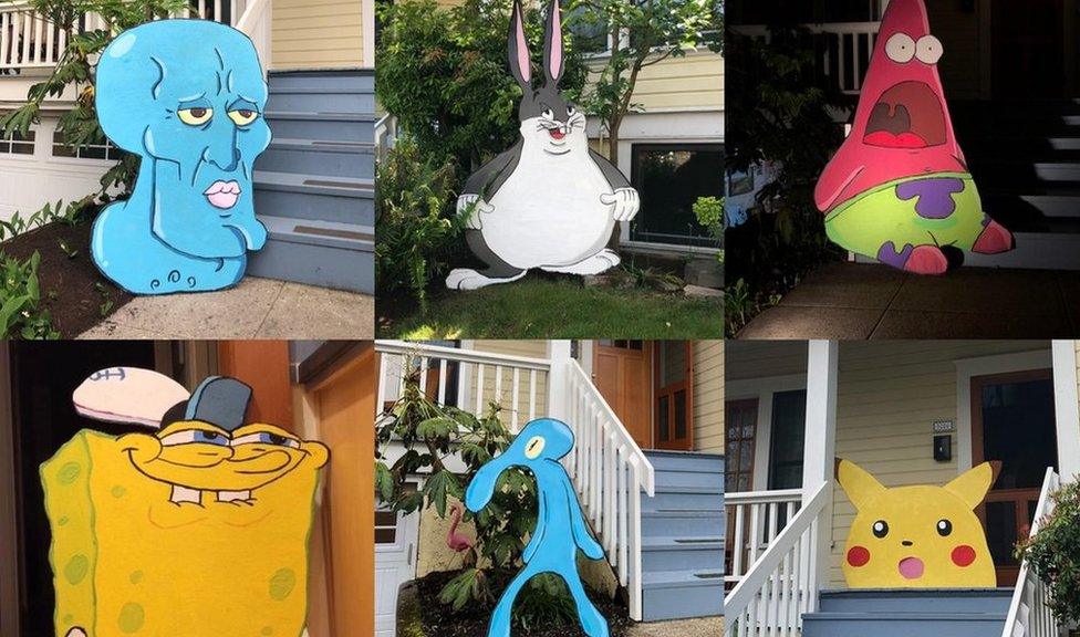 Various cut-outs by Mike Bennet, ranging from Spongebob Squarepants to Bugs Bunny