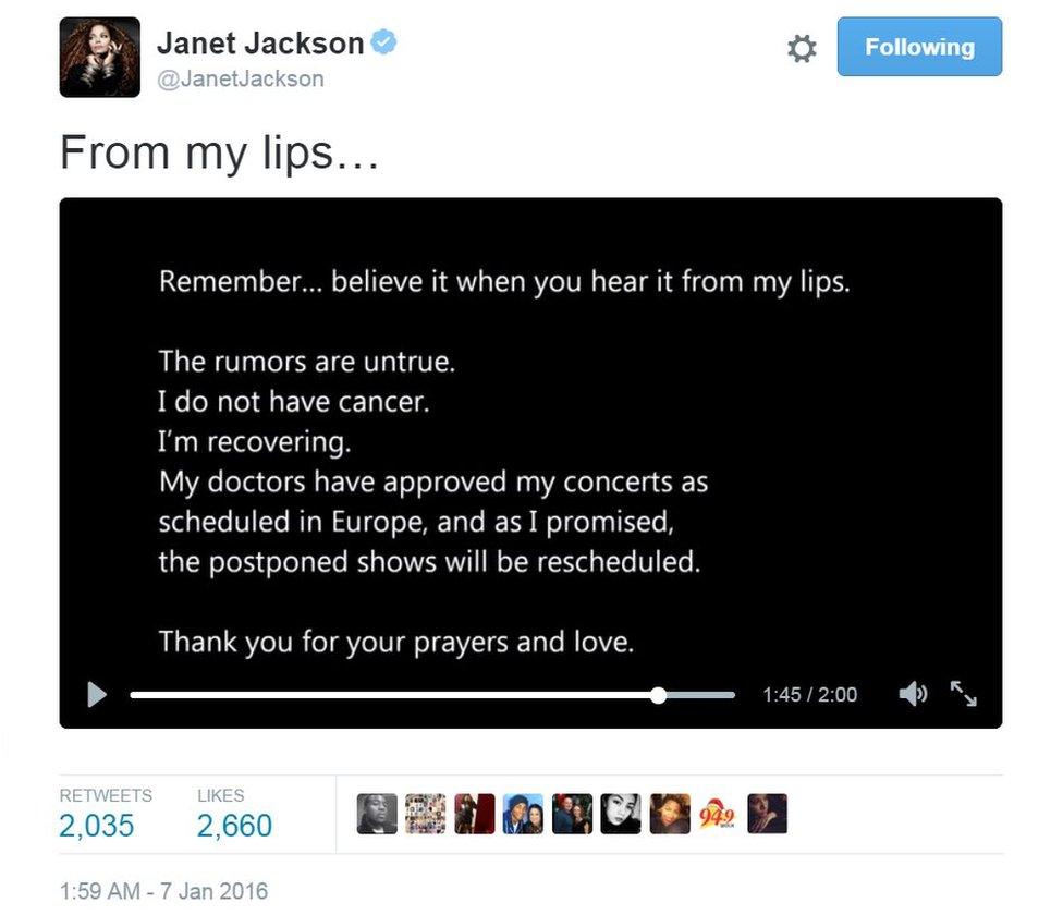 Janet Jackson said in her tweet: 'The rumours are untrue.'