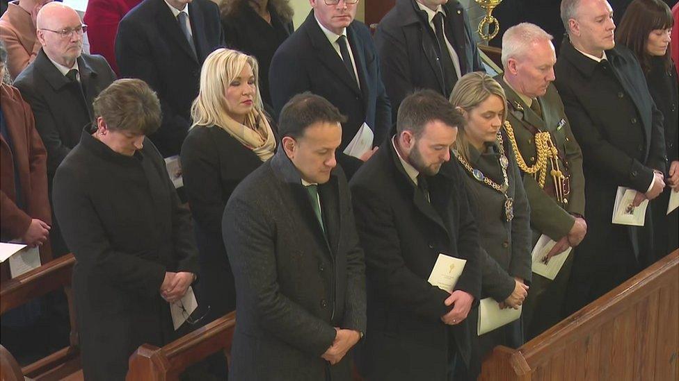 Leo Varadkar, Colum Eastwood, Arlene Foster and Michelle O'Neill pictured at the funeral of Seamus Mallon