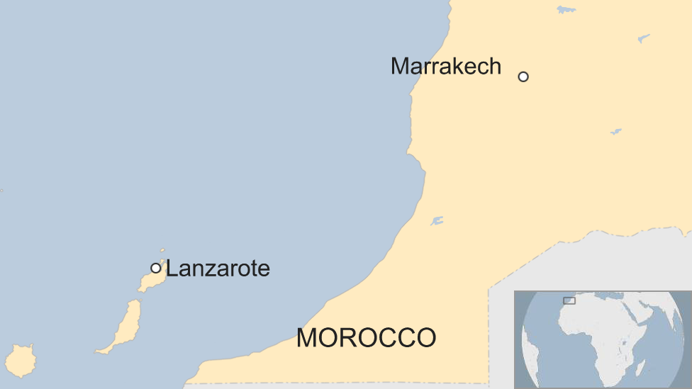 Map showing the island of Lanzarote, the country of Morocco and the city of Marrakech