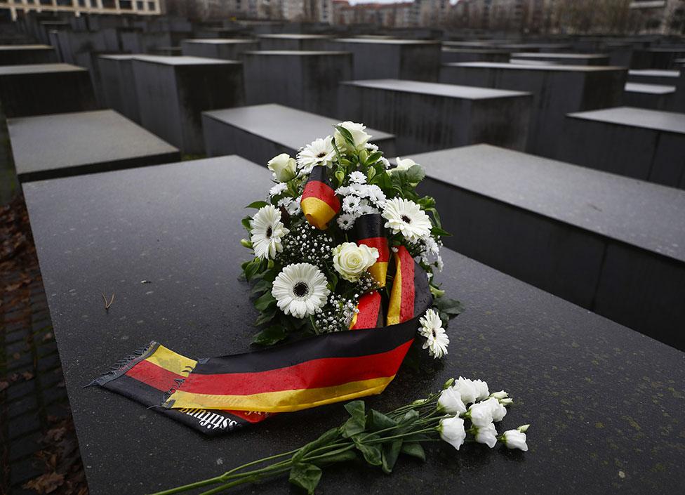 A view from the Memorial to the Murdered Jews of Europe on International Holocaust Remembrance Day on 27 January 2022 in Berlin, Germany