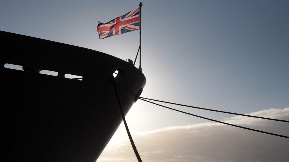 The union jack flag flies on HMS Bulwark