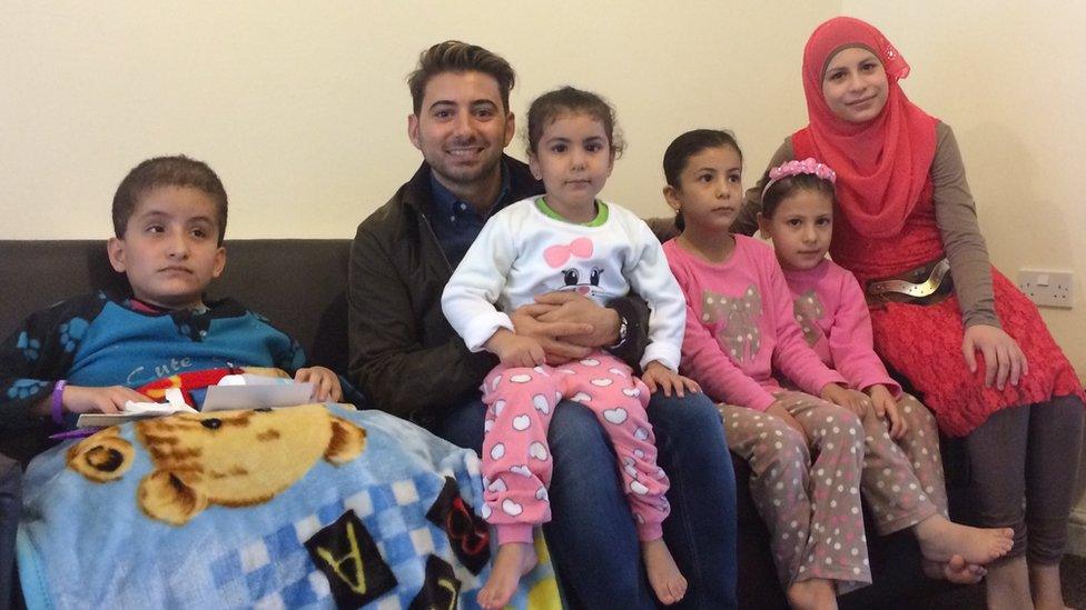 Manar with her four sisters and Newsround reporter Ricky