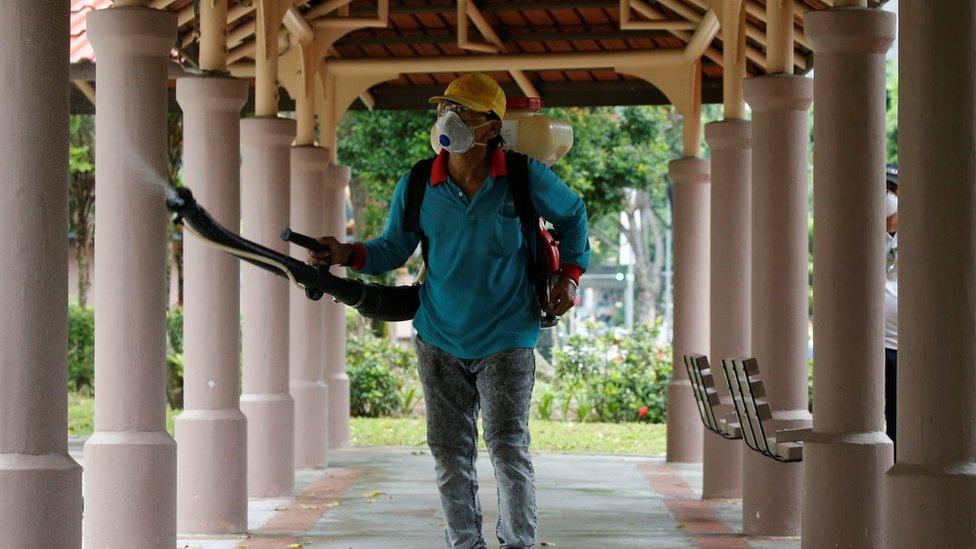 A worker sprays insecticide outside a housing block in Singapore on 30 August 2016