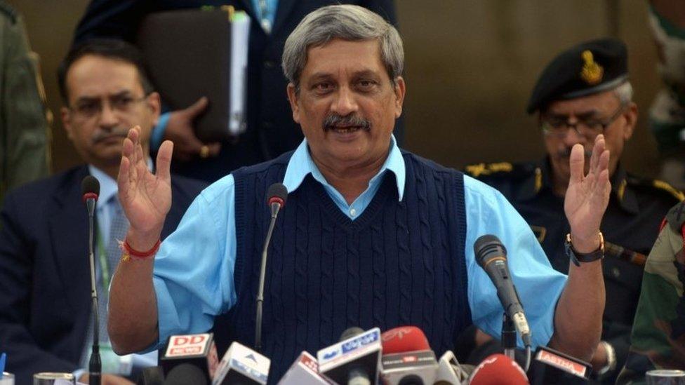 Indian Defence Minister Manohar Parrikar speaks to the media at the air force base in Pathankot on January 5, 2016.