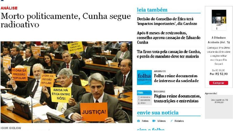 Headline reading "Politically dead, Cunha is still radioactive"