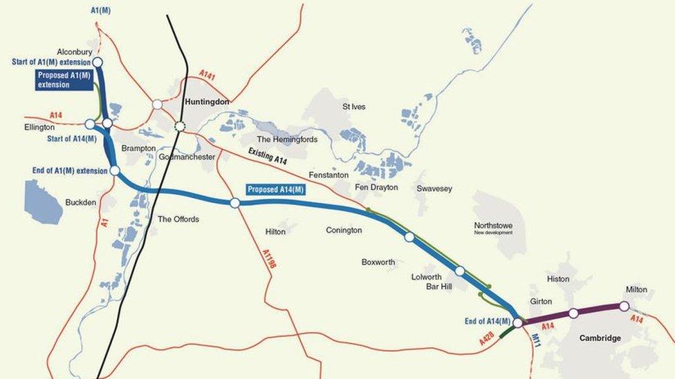 Map of new A14 and local road, Cambridgeshire