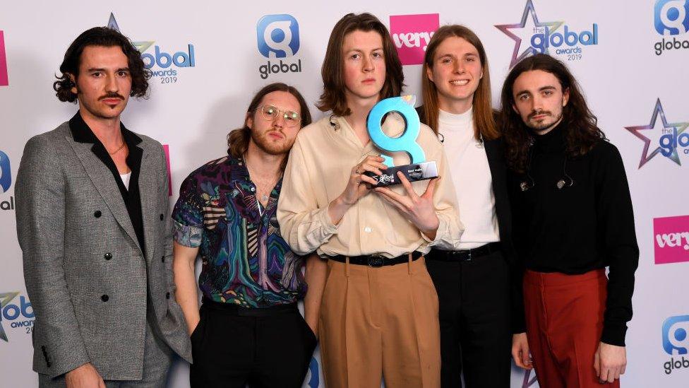 Charlie Salt, Joe Donovan, Tom Ogden, Myles Kellock and Josh Dewhurst of Blossoms win the Best Indie Award at the The Global Awards with Very.co.uk at Eventim Apollo, Hammersmith on March 07, 2019