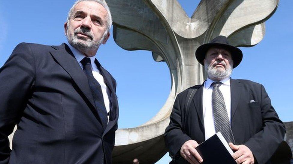 Coordinator of the Jewish communities in Croatia Ognjen Kraus (L) and Croatian rabbi of the Jewish community Luciano Mose Prelevic (R) in Jasenovac on April 15, 2016