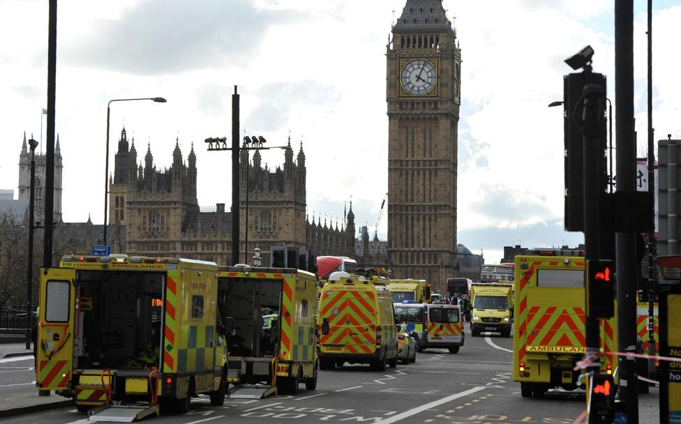 Ambulances lined up on Westminster Bridge