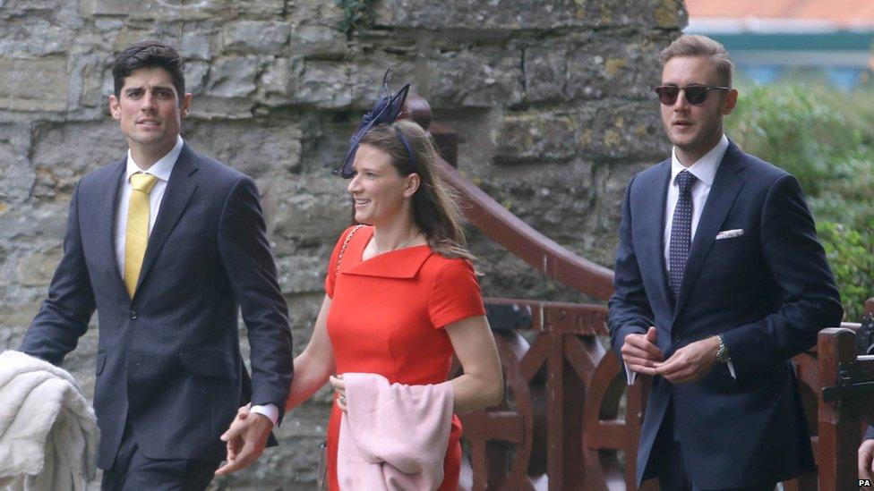 Alastair Cook (left) with his wife Alice, and Stuart Broad (second right)