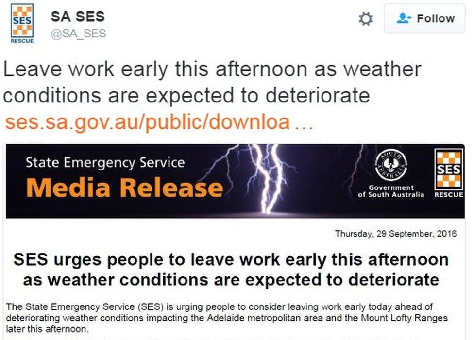 @SA_SES tweets: "Leave work early this afternoon as weather conditions are expected to deteriorate "