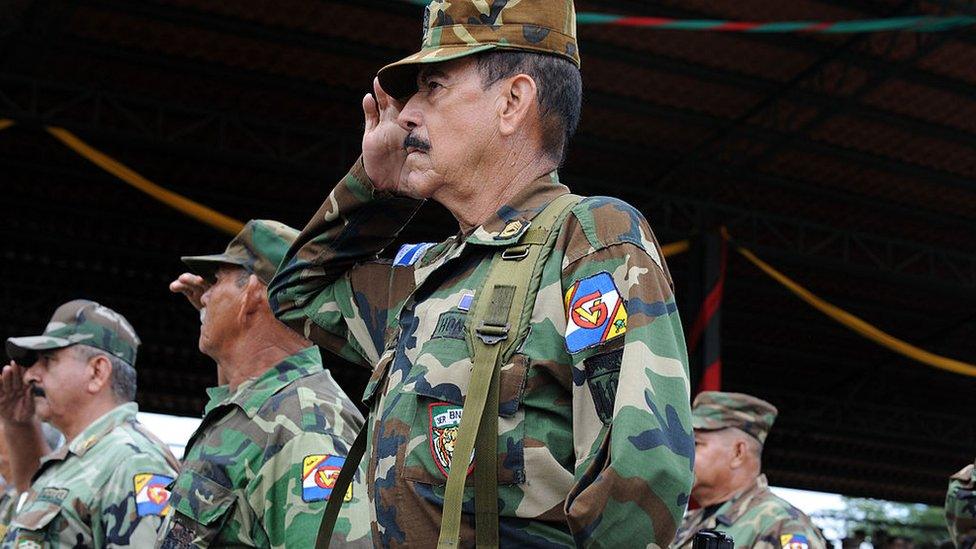 Veterans of the war pose during commemorations on the 47th anniversary of the conflict in Honduras