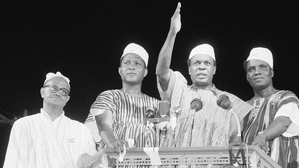 Prime Minister Kwame Nkrumah (center) waves to celebrating crowd here March 6th after the British colony known as the Gold Coast ceased to exist and the sovereign state of Ghana came into being