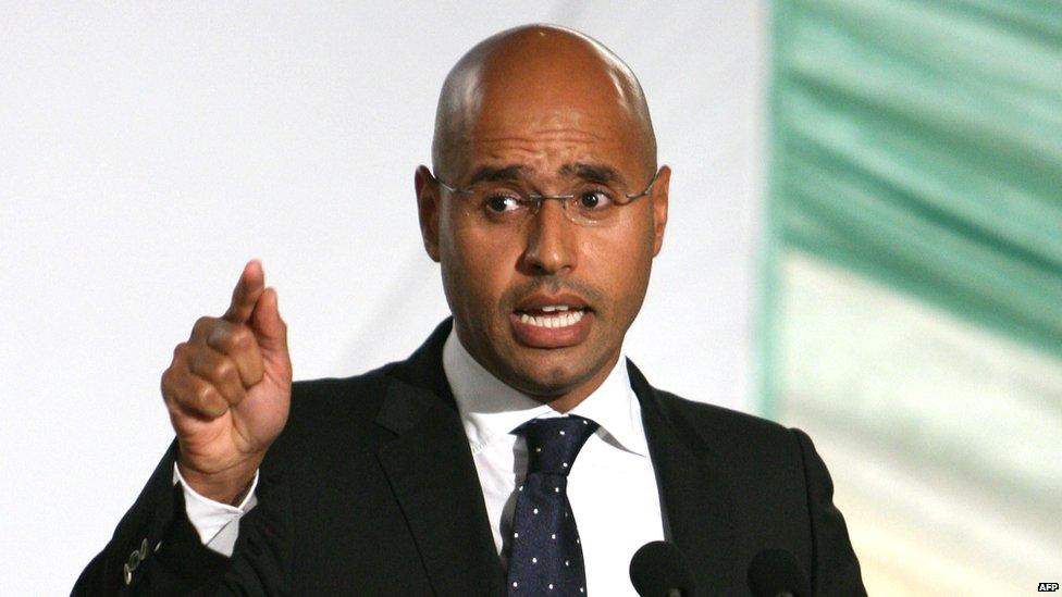 Saif al-Islam Gaddafi , son of Libyan leader Moamer Kadhafi, speaks during a meeting with differing social organizations in the capital Tripoli 24 July 2008