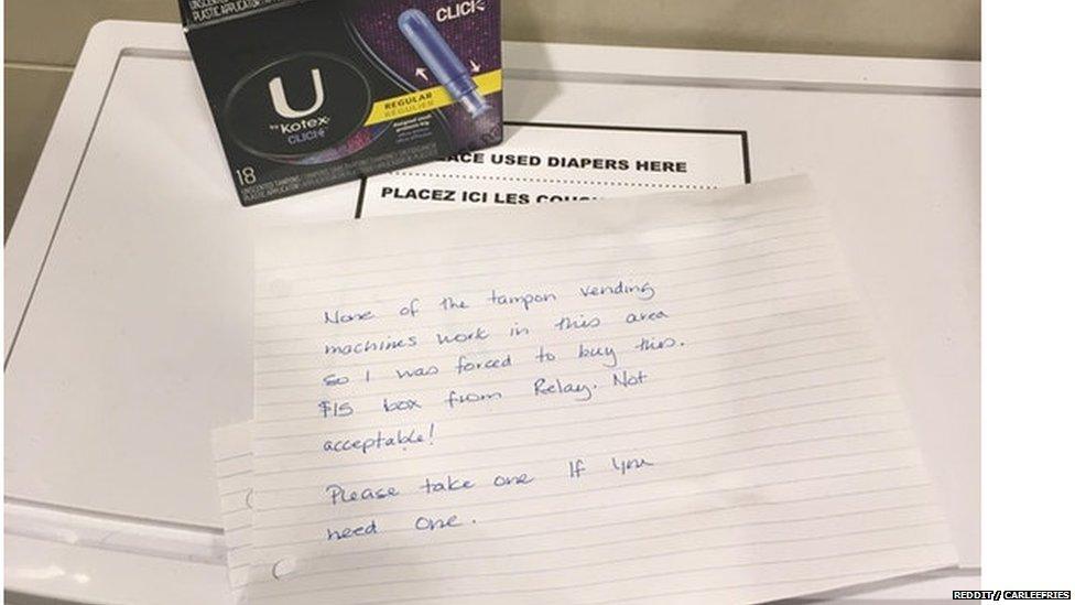 A picture of the note offering free tampons to airport travellers