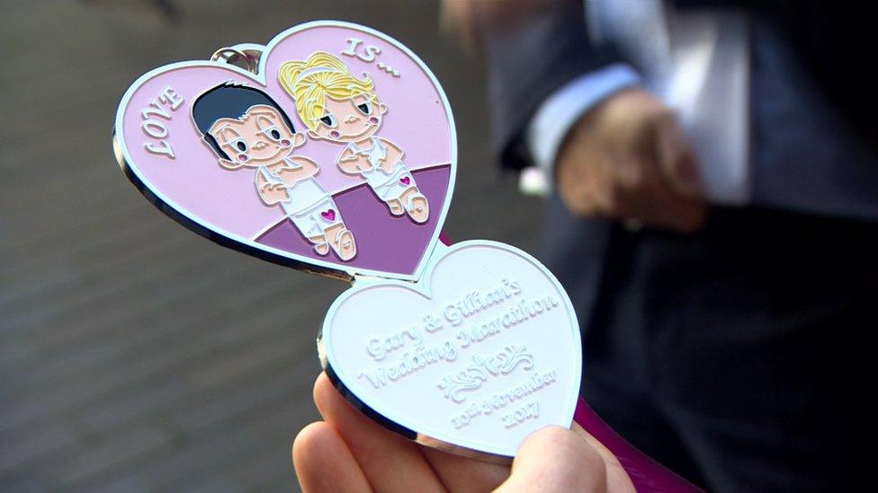 Special medal designed for Gary Connolly and Gillian Cordner's wedding marathon