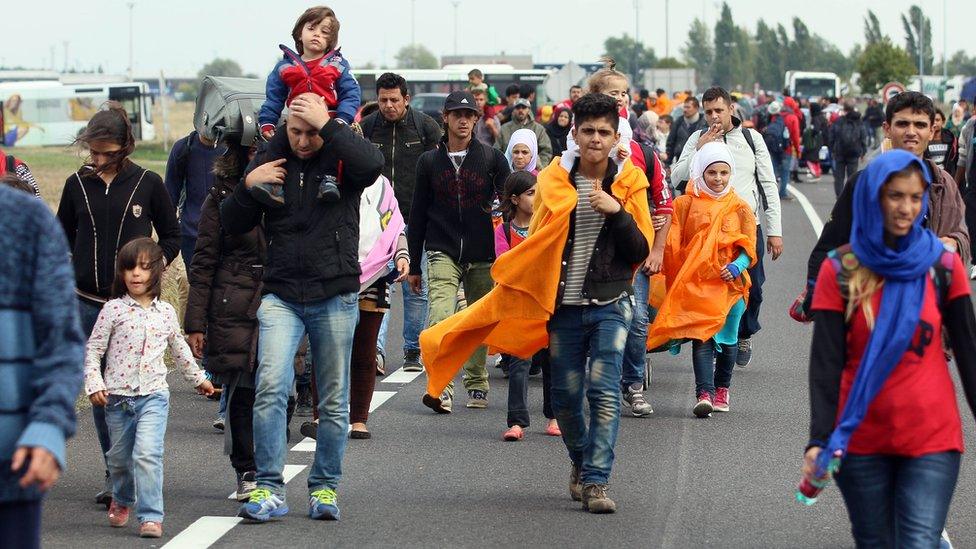 Refugees leaving Nickelsdorf at border to Hungary south-east of Vienna, Austria. 14 Sept 2015