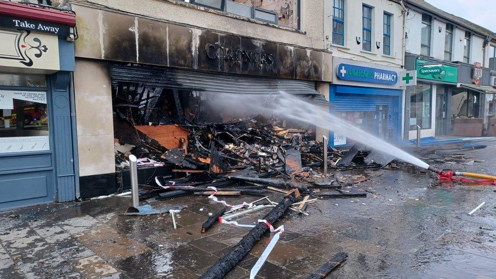 The fire damaged Cordners shoe shop in Newtownards