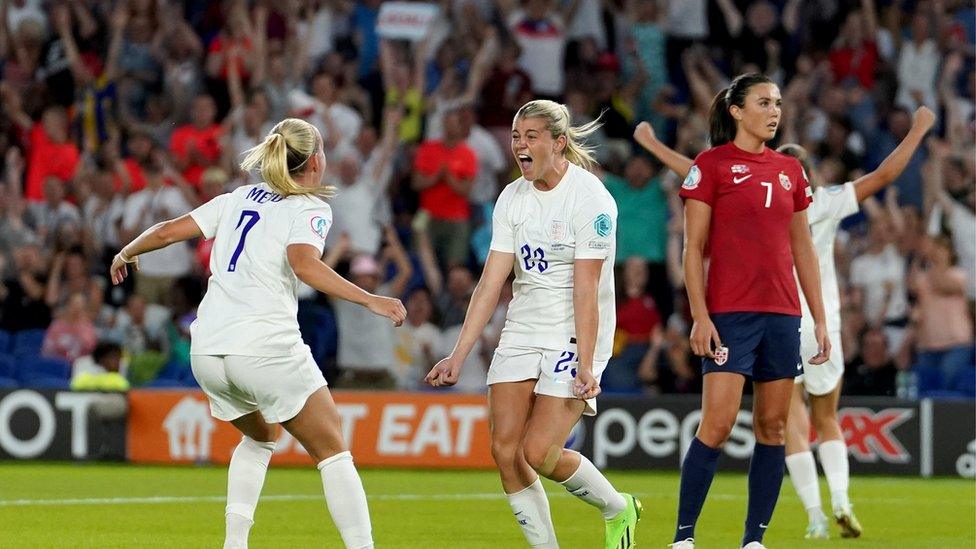 Alessia Russo celebrates scoring her side's seventh goal with team mate Beth Mead during the UEFA Women's Euro 2022