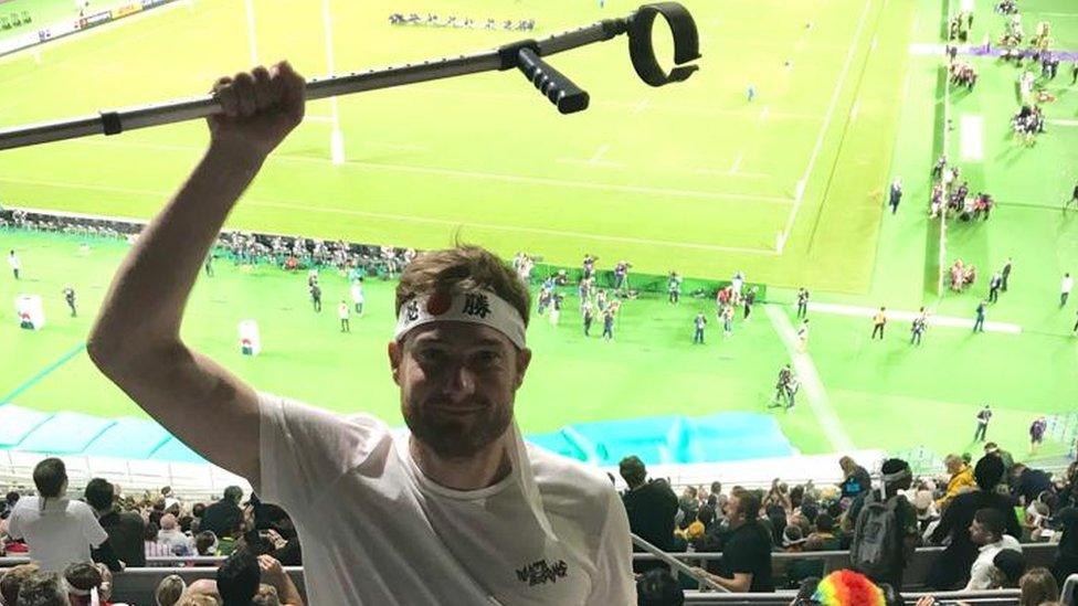 Rob in front of the pitch at the Rugby World Cup final 2019 in Japan