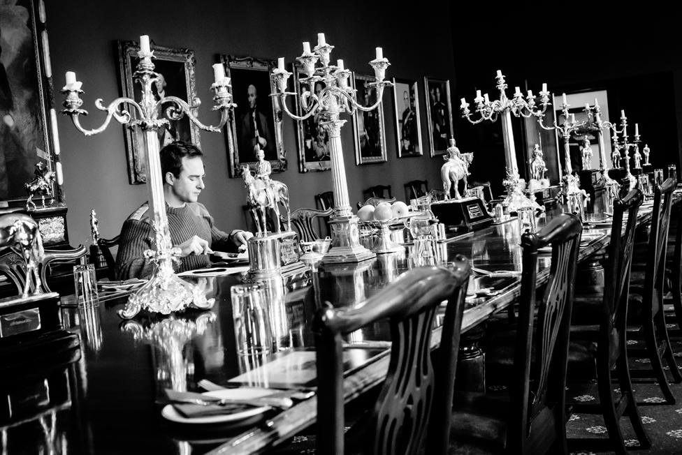 Captain Alex Field, the reconnaissance troop leader of The Queen's Royal Hussars at breakfast, January 2019 in the officers’ mess dining room, Athlone Barracks, Sennelager, Germany