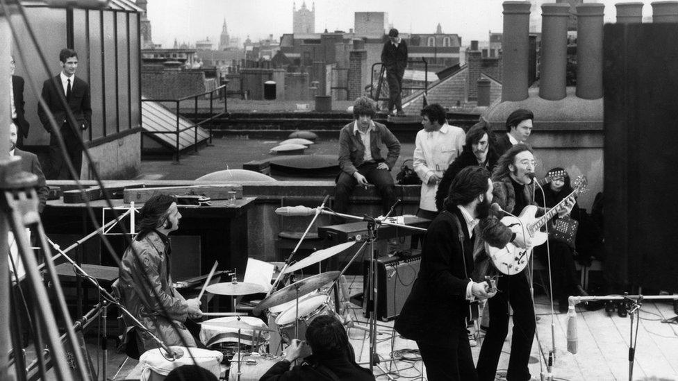 The Beatles perform their rooftop concert at the Apple building in London