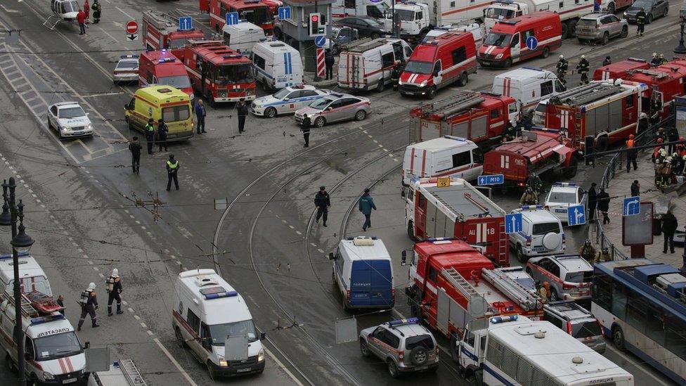 Emergency services attend the scene outside Sennaya Ploshchad metro station, following explosions in St Petersburg, Russia, 3 April 2017