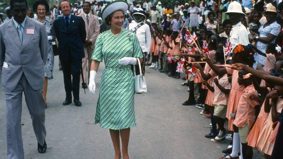 Queen Elizabeth ll is greeted by the public during a walkabout in Barbados on November 01, 1977 in Barbados