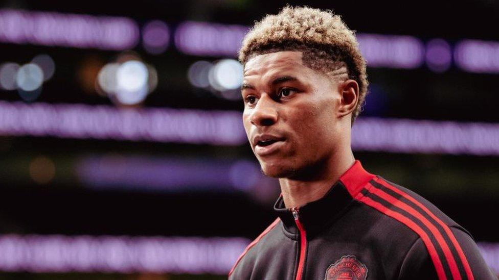 LONDON, ENGLAND - OCTOBER 30: Marcus Rashford of Manchester United looks on during the Premier League match between Tottenham Hotspur and Manchester United at Tottenham Hotspur Stadium on October 30, 2021 in London, England.